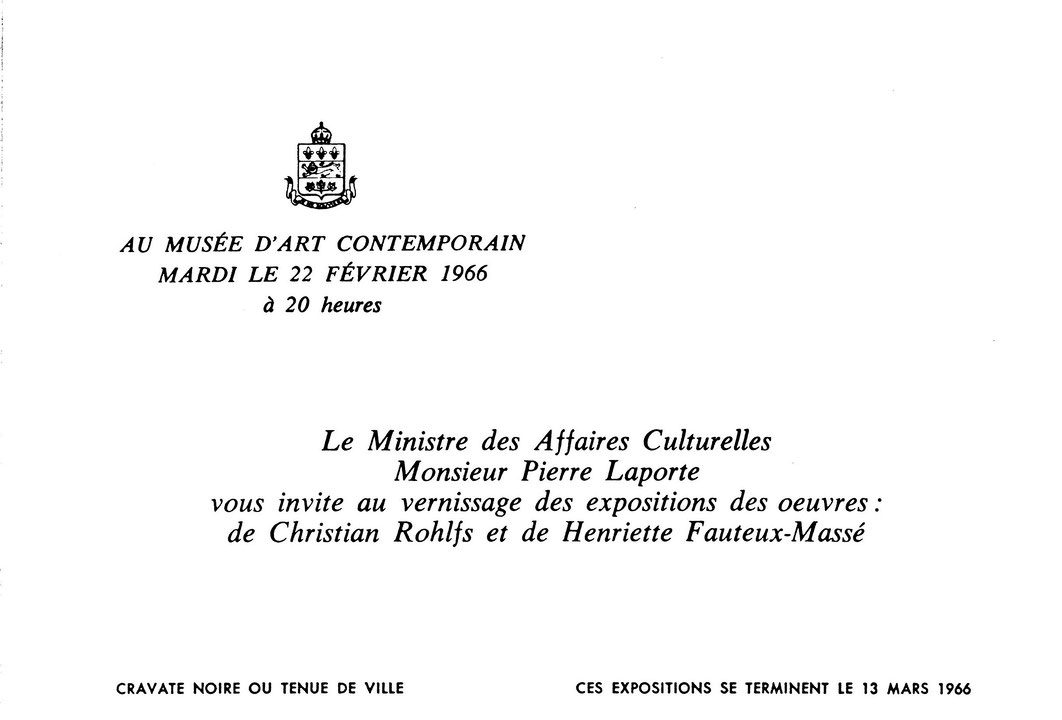 Recto du carton d’invitation de l’exposition Henriette Fauteux-Massé