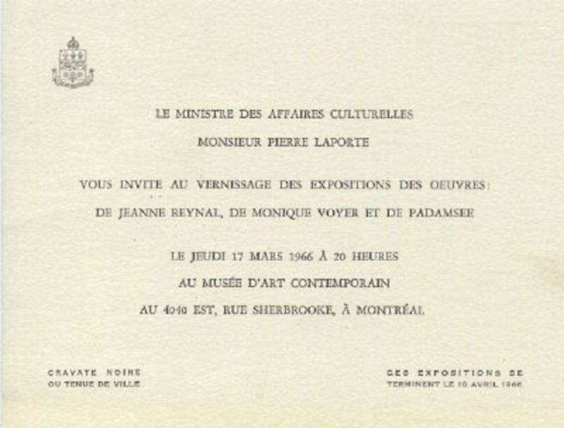 Recto du carton d’invitation de l’exposition Jeanne Reynal