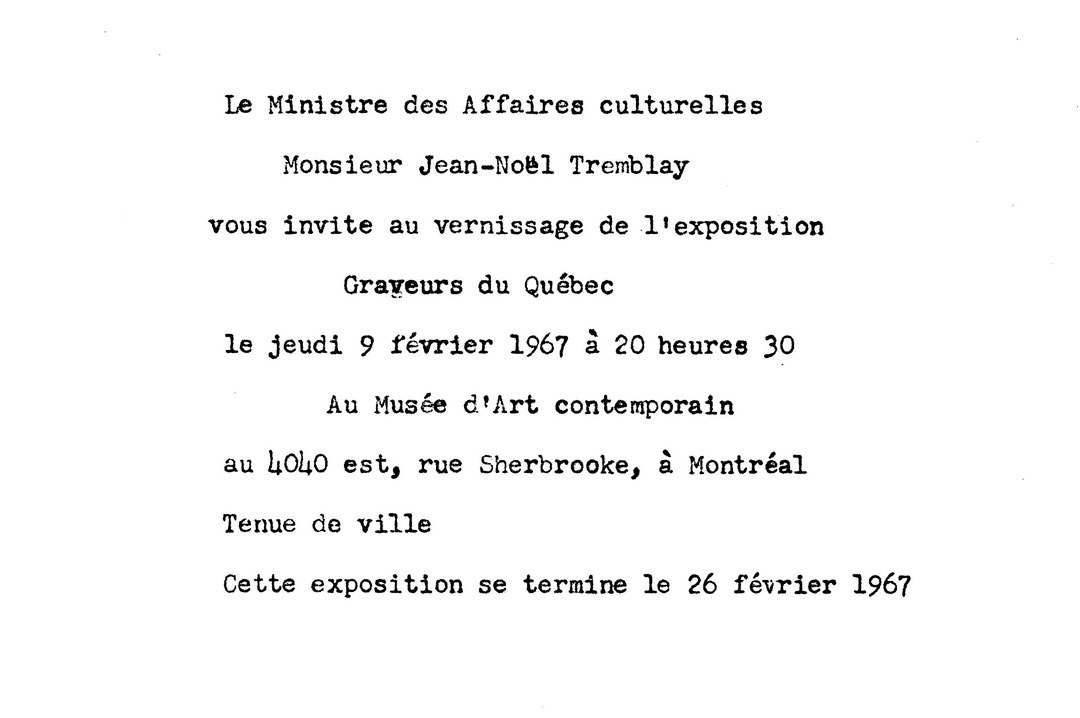 Recto du carton d’invitation de l’exposition Graveurs du Québec
