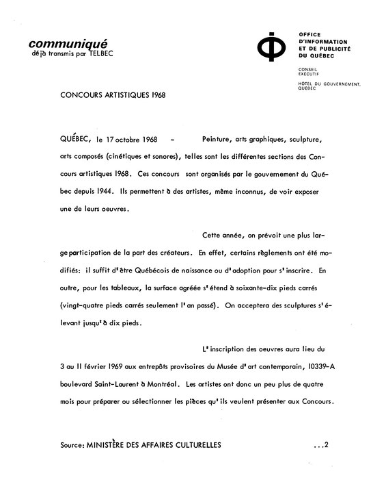 Première page du communiqué de presse de l’exposition Concours artistiques 1968