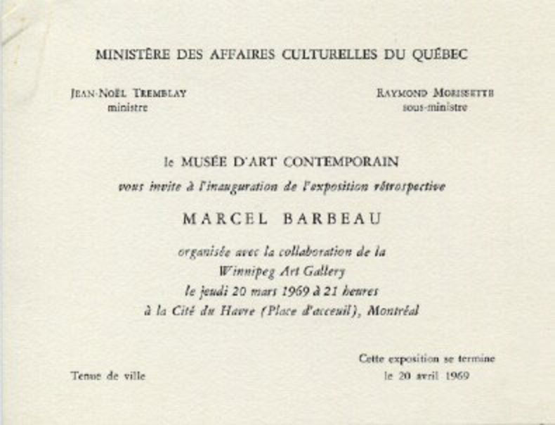 Recto du carton d’invitation de l’exposition Marcel Barbeau