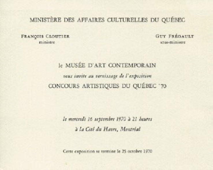 Recto du carton d’invitation de l’exposition Concours artistiques du Québec ‘70