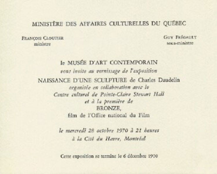 Recto du carton d’invitation de l’exposition Naissance d’une sculpture, de Charles Daudelin