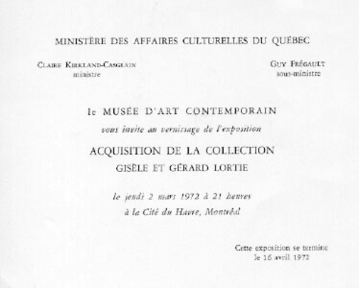 Recto du carton d’invitation de l’exposition Collection Gisèle et Gérard Lortie