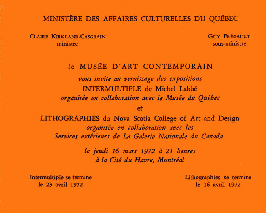 Recto du carton d’invitation de l’exposition Lithographies du Nova Scotia College of Art and Design