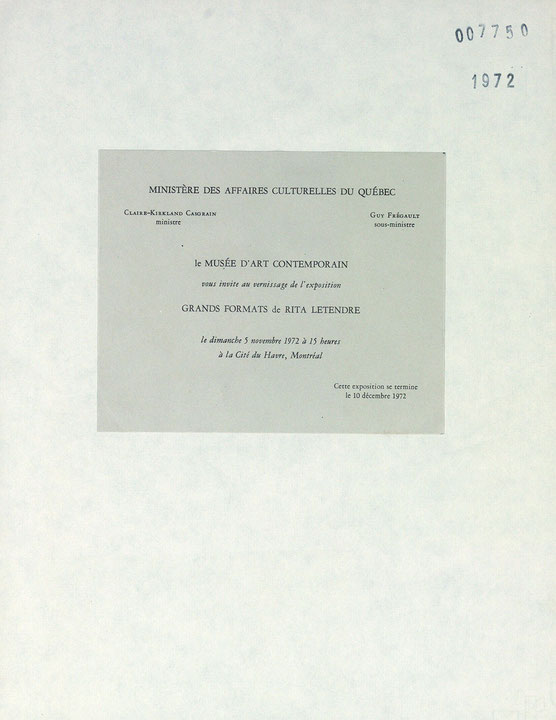 Recto du carton d’invitation de l’exposition Grands formats de Rita Letendre