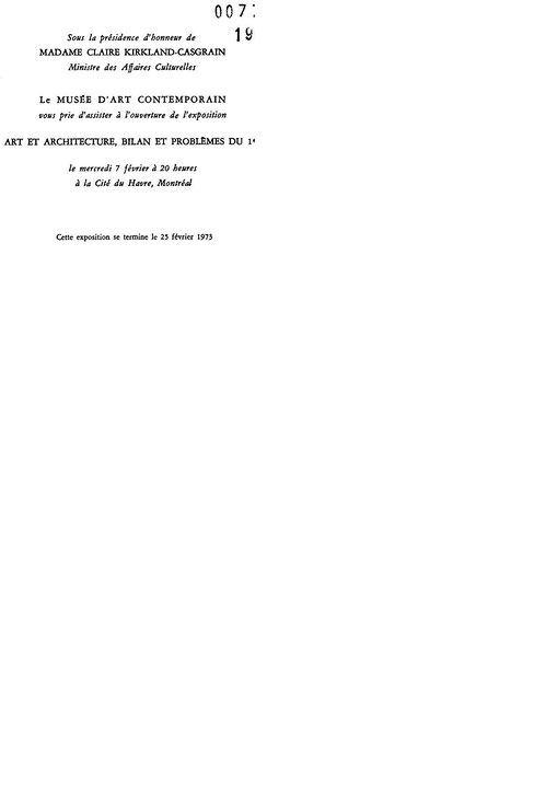Recto du carton d’invitation de l’exposition Art et architecture – Bilan et problèmes du 1% en France