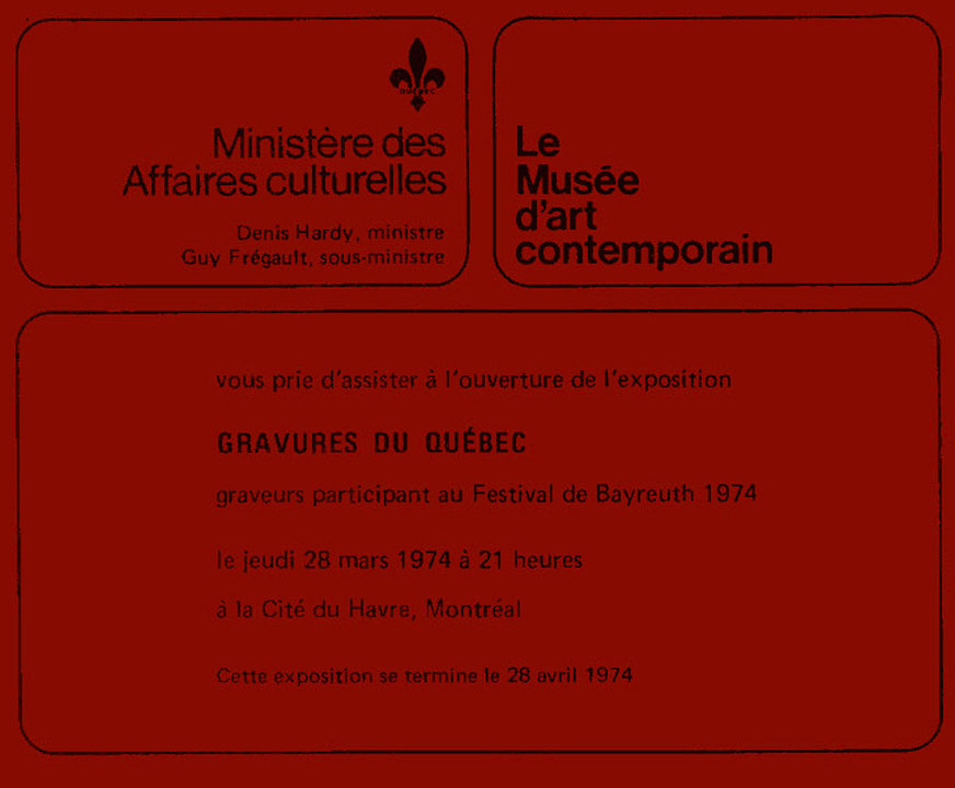 Recto du carton d’invitation de l’exposition Gravures du Québec