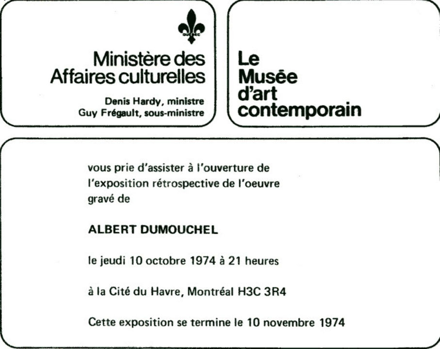 Recto du carton d’invitation de l’exposition Albert Dumouchel : Rétrospective de l’œuvre gravée