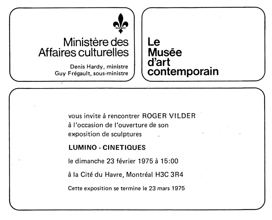 Recto du carton d’invitation de l’exposition Sculptures cinétiques de Roger Vilder