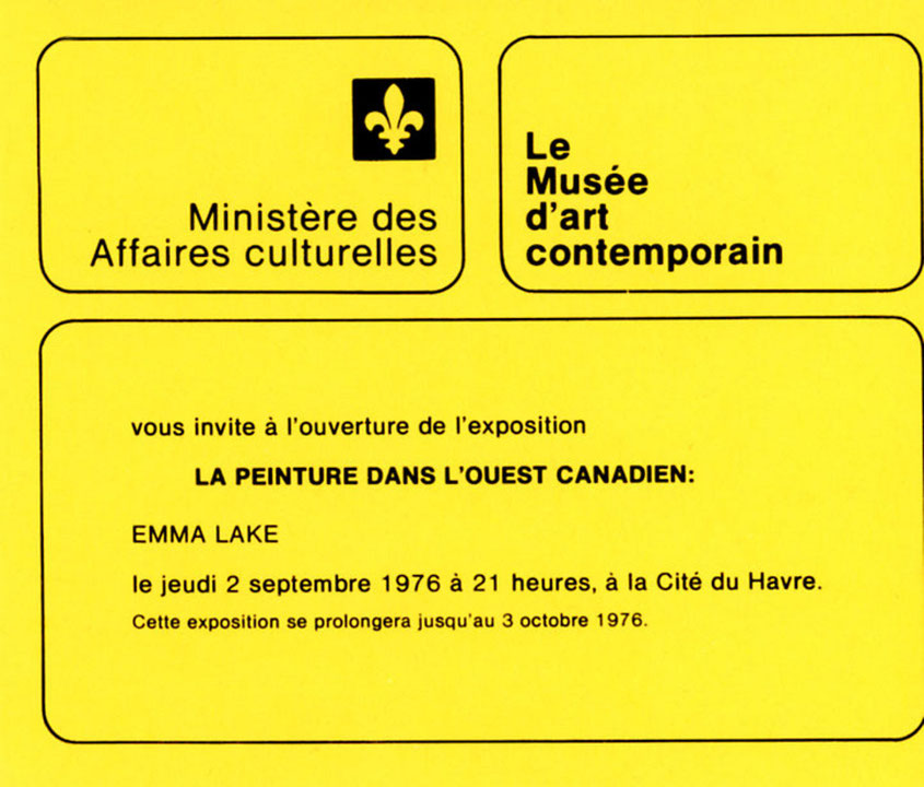 Recto du carton d’invitation de l’exposition La peinture dans l’ouest canadien : Emma Lake
