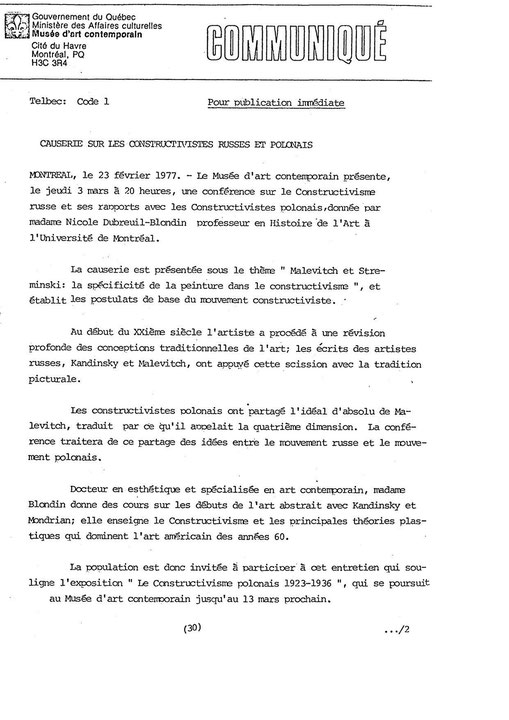 Première page du communiqué de presse de l’événement Constructivisme russe et ses rapports avec les constructivistes polonais
