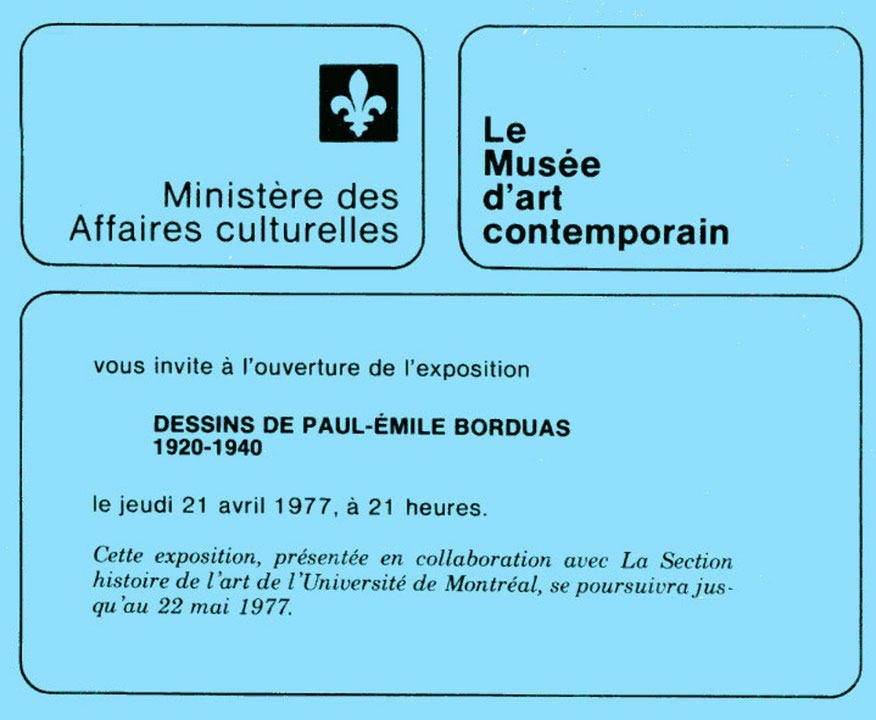 Recto du carton d’invitation de l’exposition Esquisses et œuvres sur papier de 1920 à 1940 : Paul-Émile Borduas
