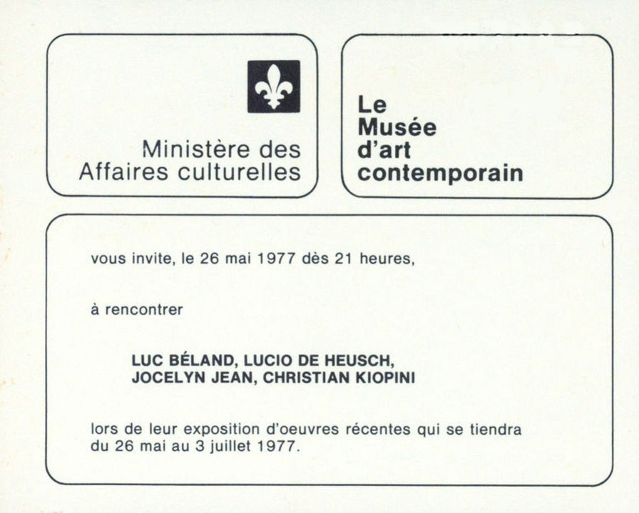 Recto du carton d’invitation de l’exposition Luc Béland, Lucio de Heusch, Jocelyn Jean, Christian Kiopini
