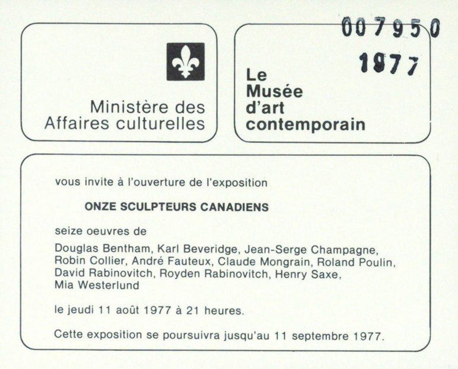 Recto du carton d’invitation de l’exposition Onze sculpteurs canadiens