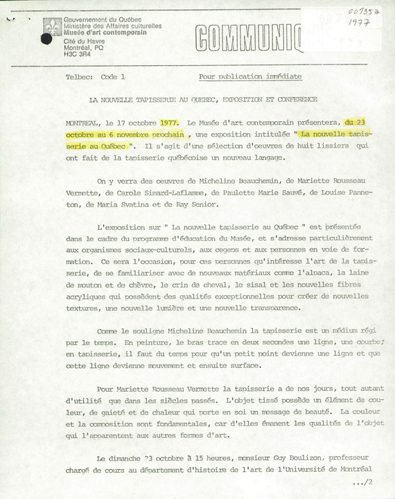 Première page du communiqué de presse de l’exposition La Nouvelle tapisserie québécoise