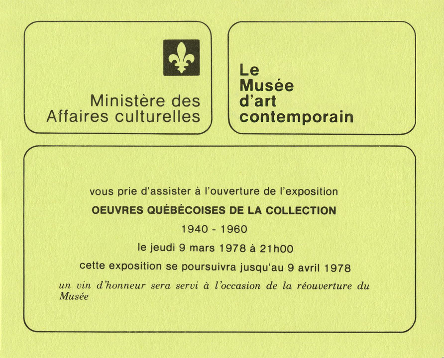 Recto du carton d’invitation de l’exposition Œuvres québécoises de la Collection 1940-1960