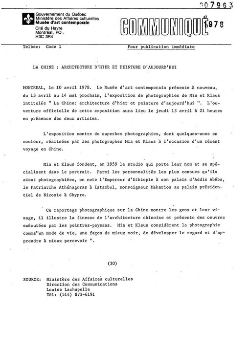 Première page du communiqué de presse de l’exposition La Chine : architecture d’hier et peinture d’aujourd’hui