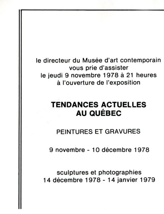 Recto du carton d’invitation de l’exposition Tendances actuelles au Québec : la gravure et la peinture