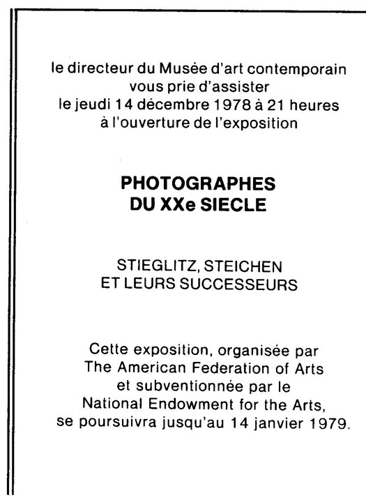 Recto du carton d’invitation de l’exposition Photographes du XXe siècle : Stieglitz, Steichen et leurs successeurs