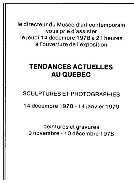 Recto du carton d’invitation de l’exposition Tendances actuelles au Québec : sculptures et photographies