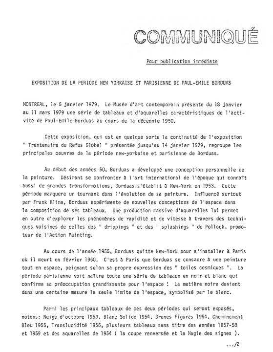Première page du communiqué de presse de l’exposition Paul-Émile Borduas : œuvres de la période new-yorkaise et parisienne