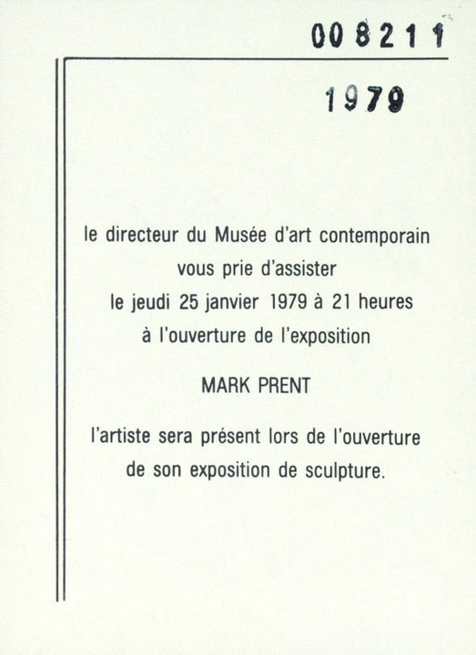 Recto du carton d’invitation de l’exposition Mark Prent 1970-1975