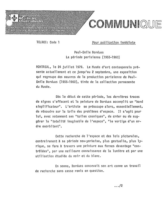 Première page du communiqué de presse de l’exposition Paul-Émile Borduas, période parisienne