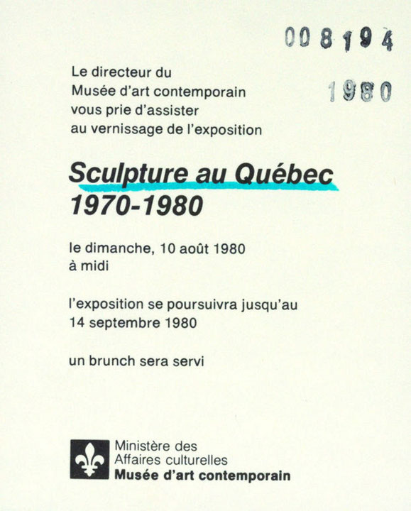 Recto du carton d’invitation de l’exposition Sculpture au Québec : 1970–80