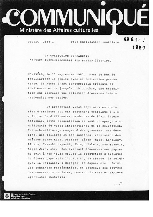 Première page du communiqué de presse de l’exposition La collection permanente : œuvres internationales sur papier 1914-1980