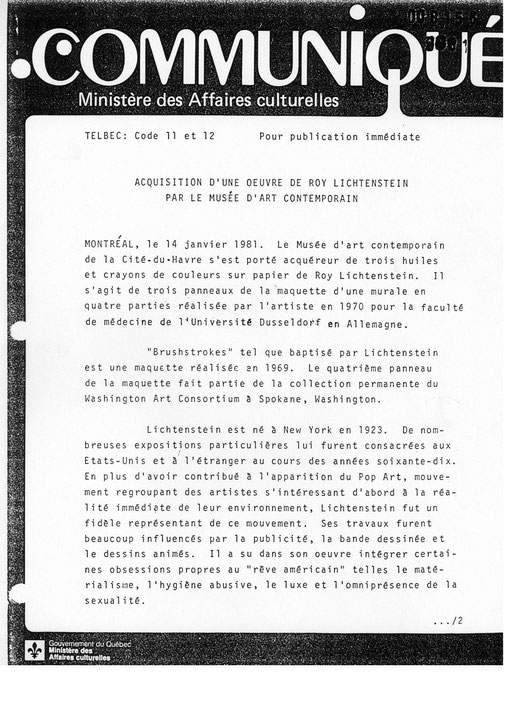 Première page du communiqué de presse de l’exposition Acquisitions récentes : Roy Lichtenstein