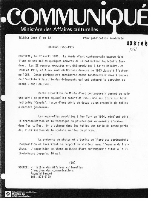 Première page du communiqué de presse de l’exposition Œuvres de Paul-Émile Borduas, 1950-1955
