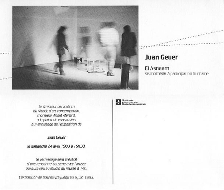 Recto du carton d’invitation de l’exposition Juan Geuer : El Asnaam, sismomètre participation humaine