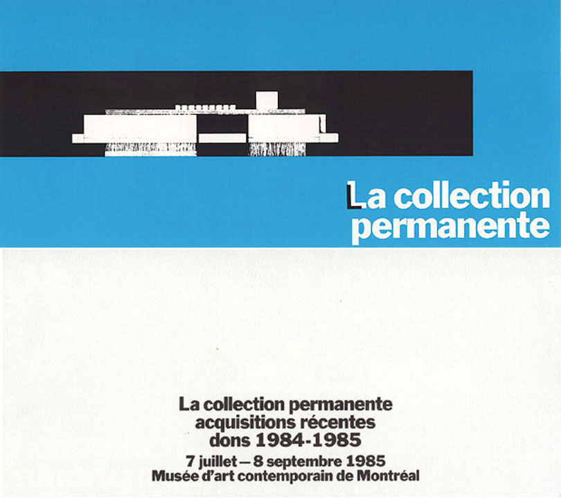 Recto du carton d’invitation de l’exposition La Collection permanente : acquisitions récentes, dons 1984-1985