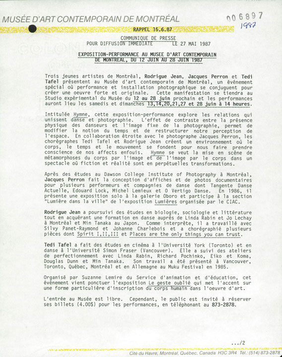 Première page du communiqué de presse de l’exposition Hymne