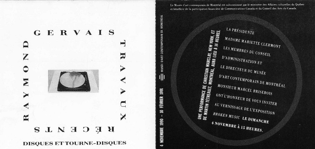 Recto du carton d’invitation de l’exposition Raymond Gervais, Disques et tourne-disques