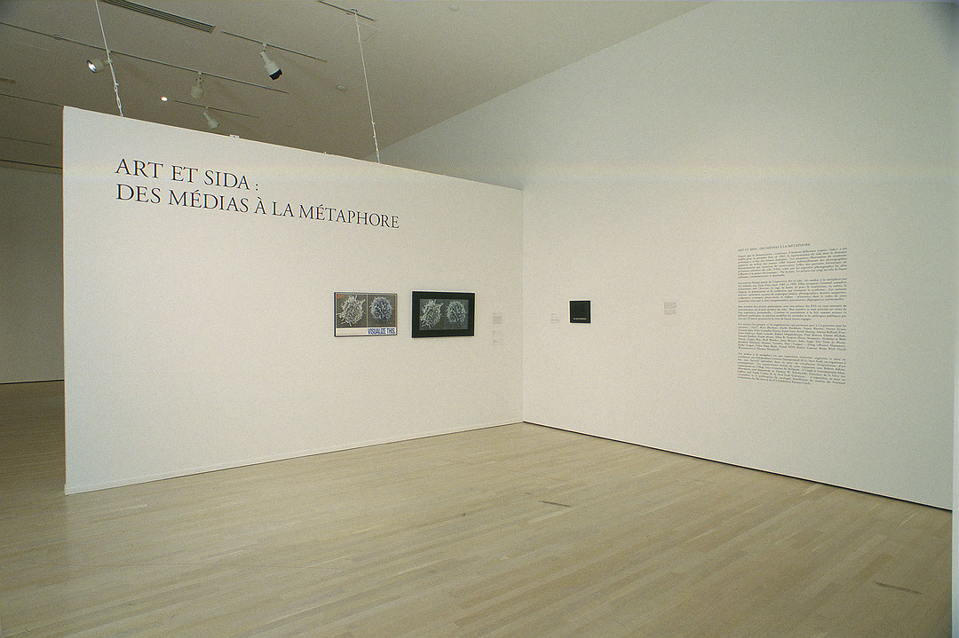 Vue de salle de l’exposition Art et sida : des médias à la métaphore (Afficher en plein écran)
