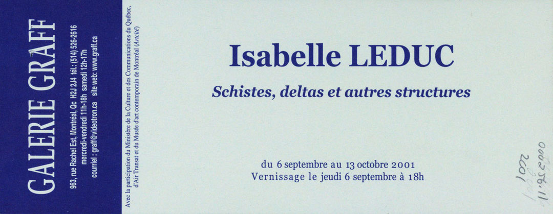 Recto du carton d’invitation de l’exposition Isabelle Leduc : Schistes, deltas et autres structures