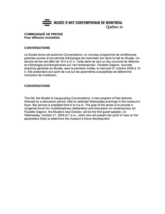 Première page du communiqué de presse de l’événement Paulette Gagnon et François LeTourneux