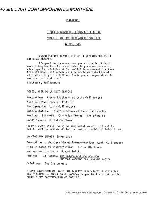 Première page du communiqué de presse de l’événement Soleil noir ou la nuit blanche; La cage aux images
