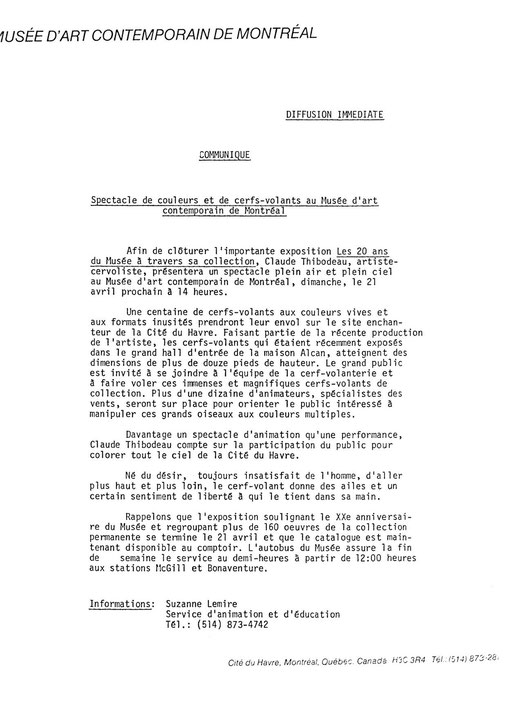 Première page du communiqué de presse de l’événement Montréal, installation extérieur