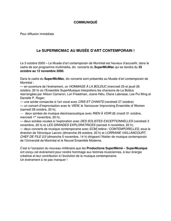 Première page du communiqué de presse de l’événement Super MicMac
