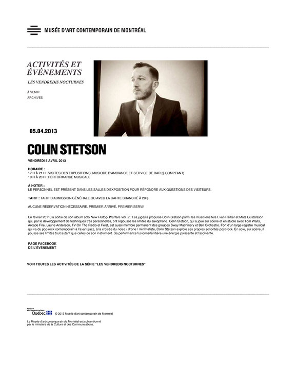 Première page du communiqué de presse de l’événement Colin Stetson