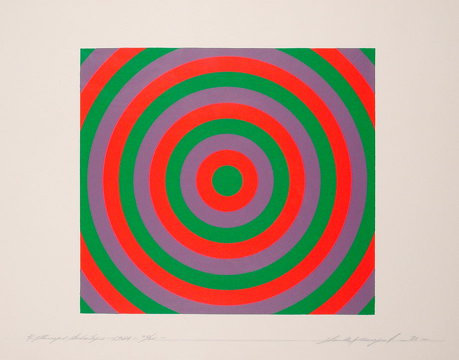 Photo de l’œuvre Rythmique stochastique 1964 (tirée de l’album « Sans titre », 1971) de Claude Tousignant (Afficher en plein écran)