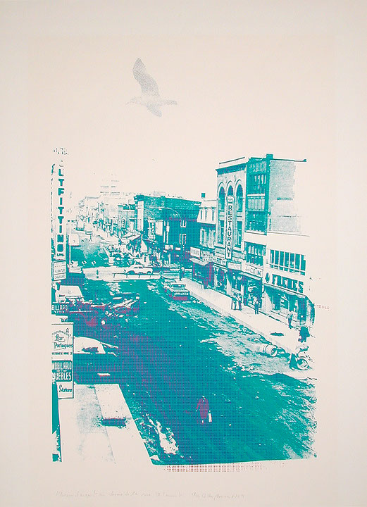 Photo de l’œuvre L’Oiseau d’argent au-dessus de la rue Saint-Laurent (tirée de l’album « Hommage à Albert Dumouchel », 1972) de Gilles Boisvert (Afficher en plein écran)