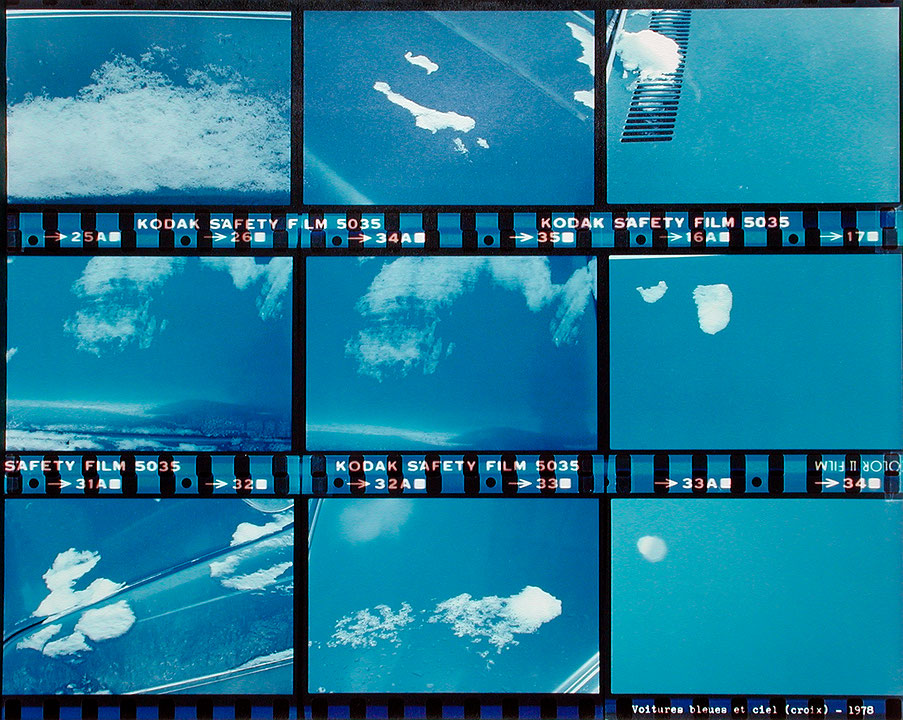 Photo de l’œuvre Voitures bleues et ciel (croix), (tirée de l’album « 4 x 16 x 20 », 1980) de Pierre Boogaerts (Afficher en plein écran)