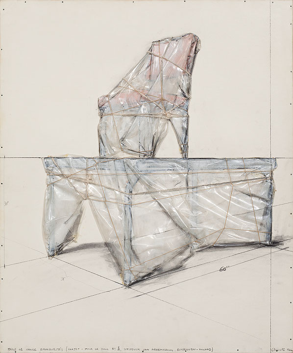 Photo de l’œuvre Table et chaise empaquetées, projet pour le Stedelijk van Abbemuseum de Christo & Jeanne-Claude (Afficher en plein écran)