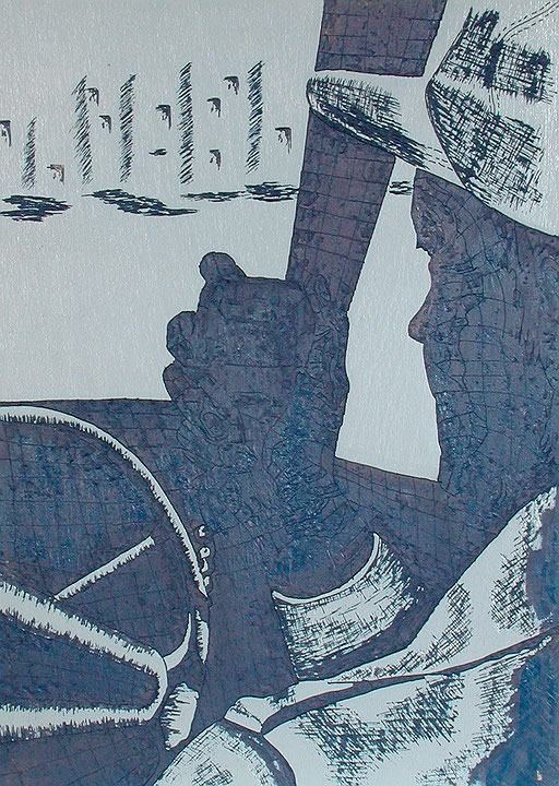 Photo de l’œuvre [Planche pour l’estampe no 8 de l’album « Taxicologie », 1983] de Aline Carreau (Afficher en plein écran)
