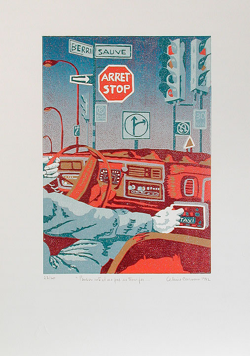 Photo de l’œuvre Penser vite et ne pas se tromper… (tirée de l’album « Taxicologie », 1983) de Aline Carreau (Afficher en plein écran)