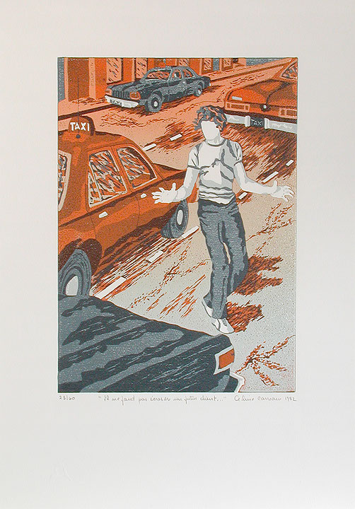 Photo de l’œuvre Il ne faut pas écraser un futur client… (tirée de l’album « Taxicologie », 1983) de Aline Carreau (Afficher en plein écran)
